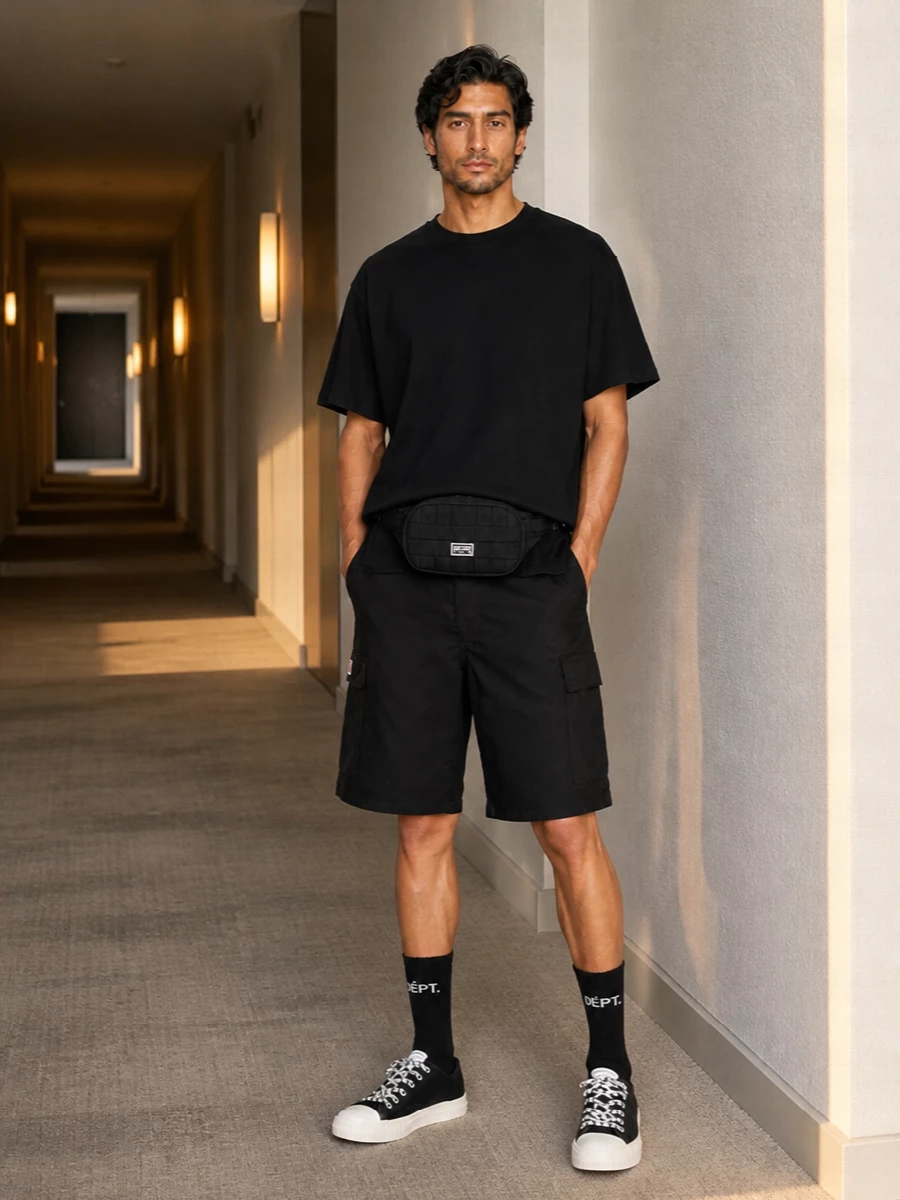 Kenzo black cargo shorts minimalist tee outfit