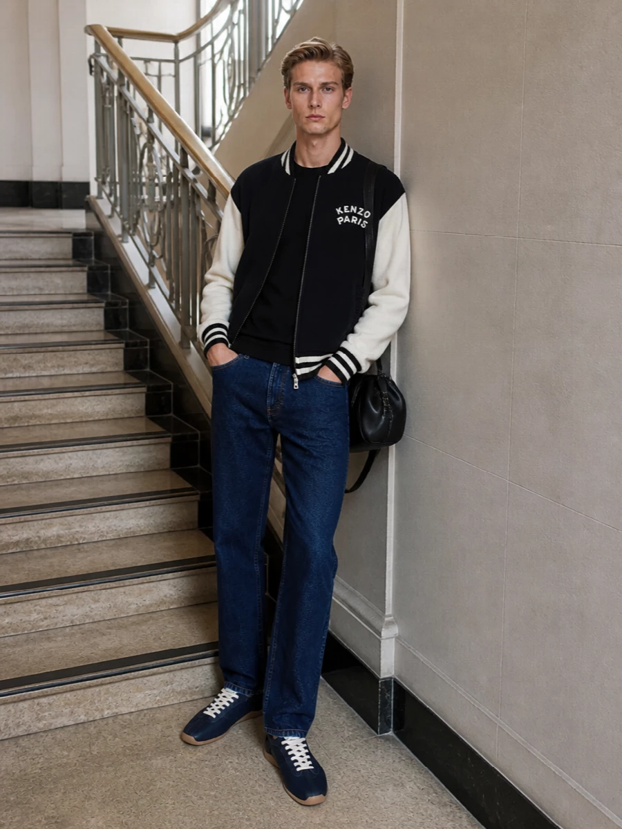 Kenzo varsity bomber dark jeans sneakers
