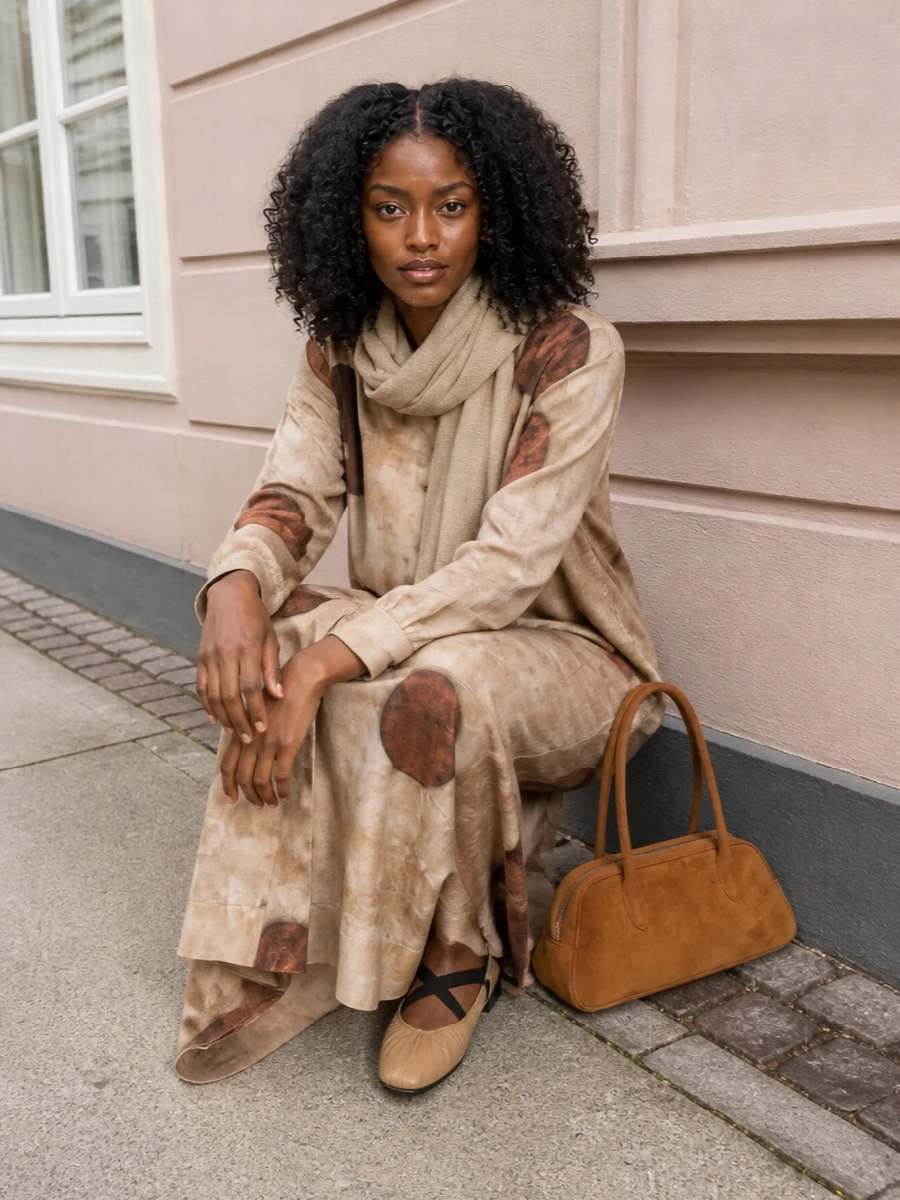 Uma wang midi dress tan flats suede bag
