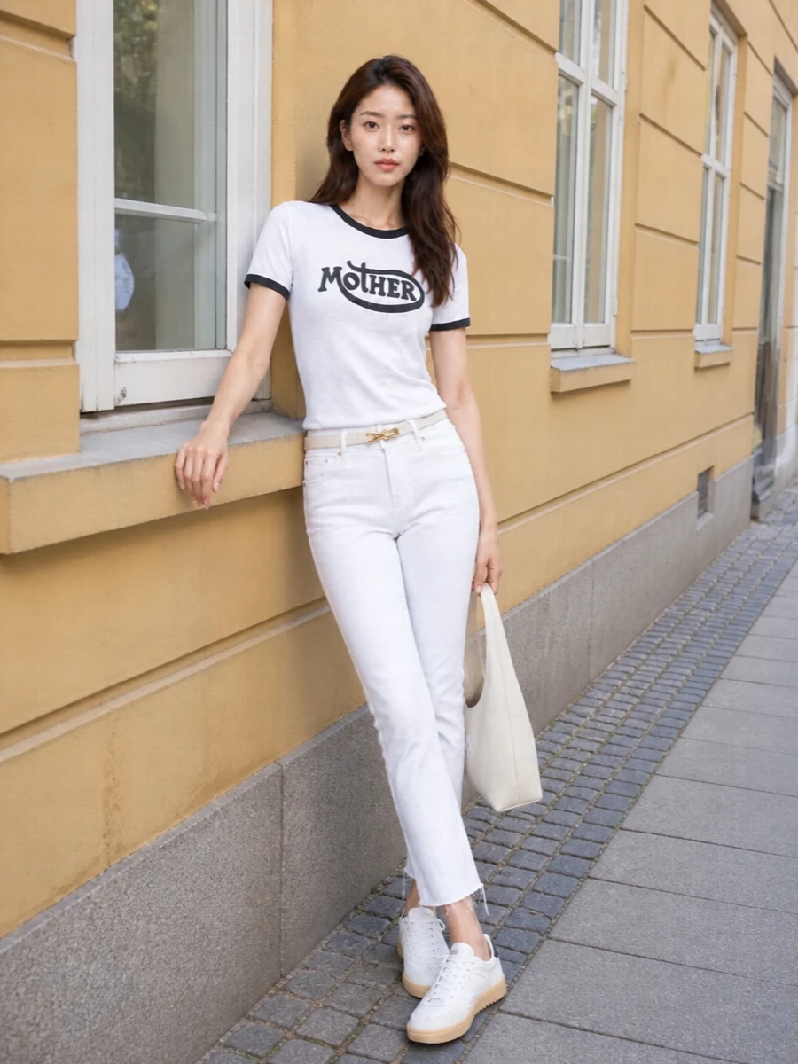 Crisp white denim and a nostalgic ringer tee keep this grounded in clean, graphic ease. Low-profile sneakers and a curved cream shoulder bag soften the lines just enough, while the slim white belt adds a small hit of polish. It feels relaxed and precise at the same time, easy for daytime but considered enough for dinner on a terrace.