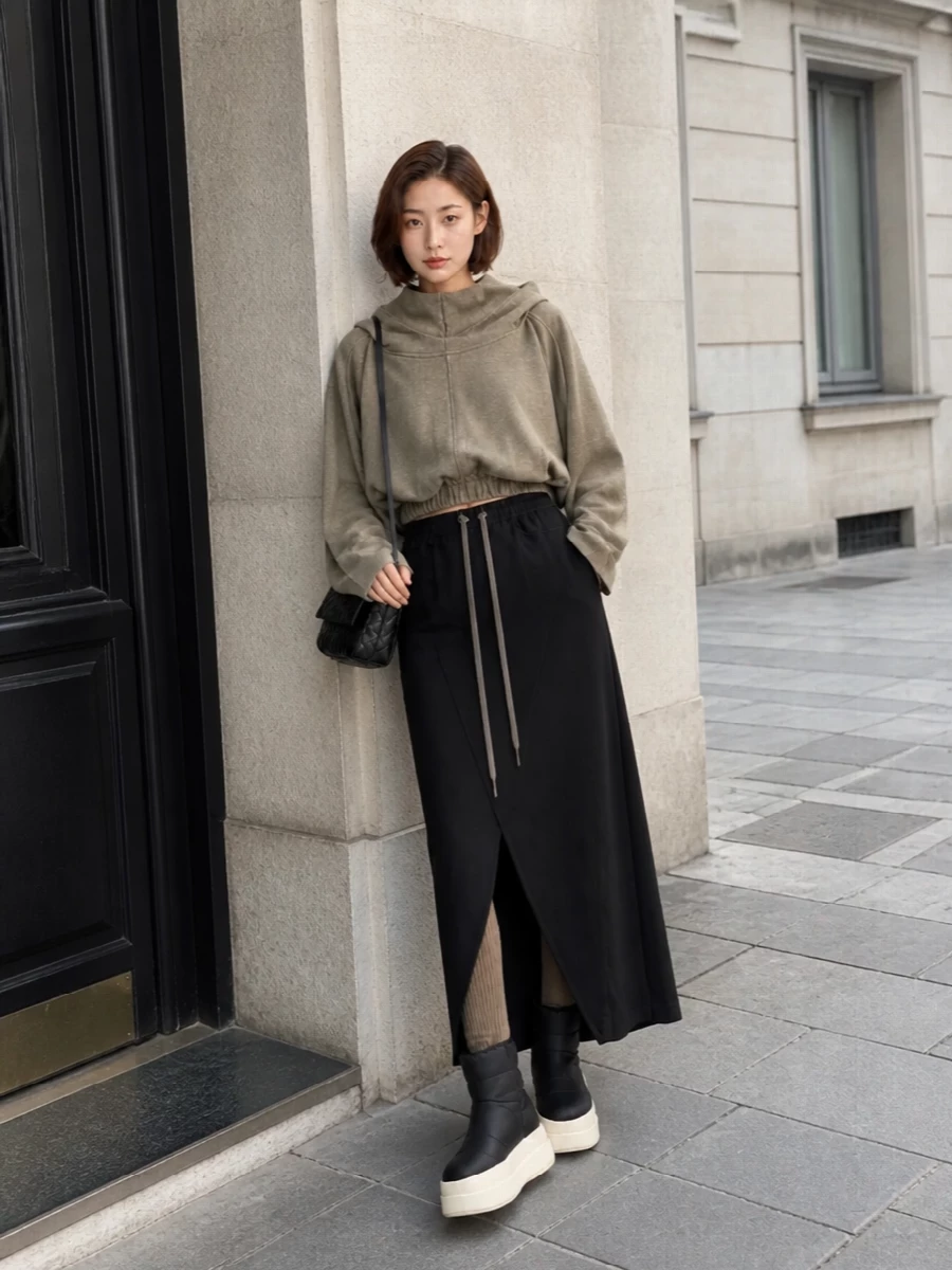 Rick owens drkshdw maxi skirt platform boots outfit
