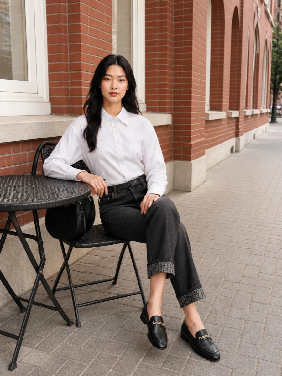 Washed-charcoal Dior denim and a crisp white shirt create a clean, almost architectural base that feels refined without tipping into formality. Black leather loafers and a sculptural black shoulder bag keep the mood grounded and modern, while the quilted belt adds just enough structure to echo the jeans’ monogram cuff detail. The result is city-ready, quietly luxurious denim dressing that moves easily from daytime appointments to dinner.