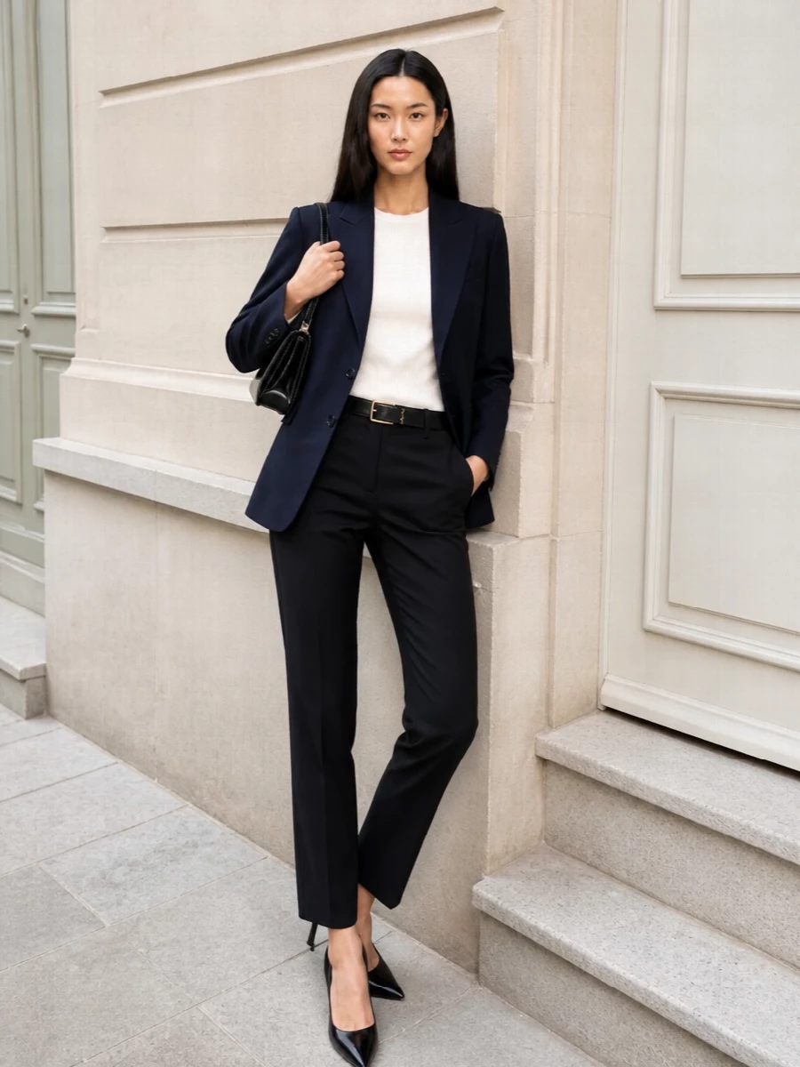 Celine navy blazer black trousers prada heels