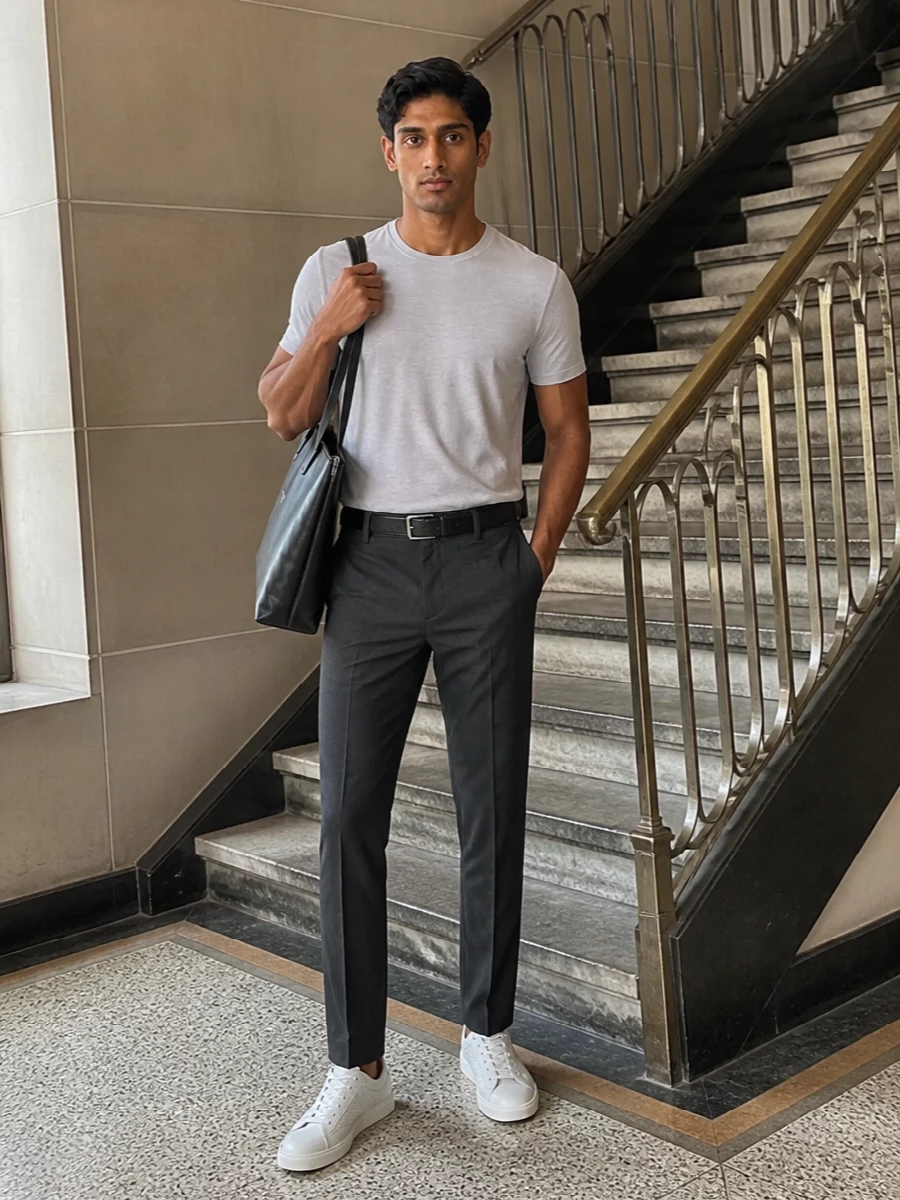 A light grey designer tee is pared back with slim charcoal tailoring for a clean, modern monochrome base. Soft white and grey sneakers keep it relaxed but precise, while a structured black tote and belt sharpen the finish without disturbing the quiet mood.