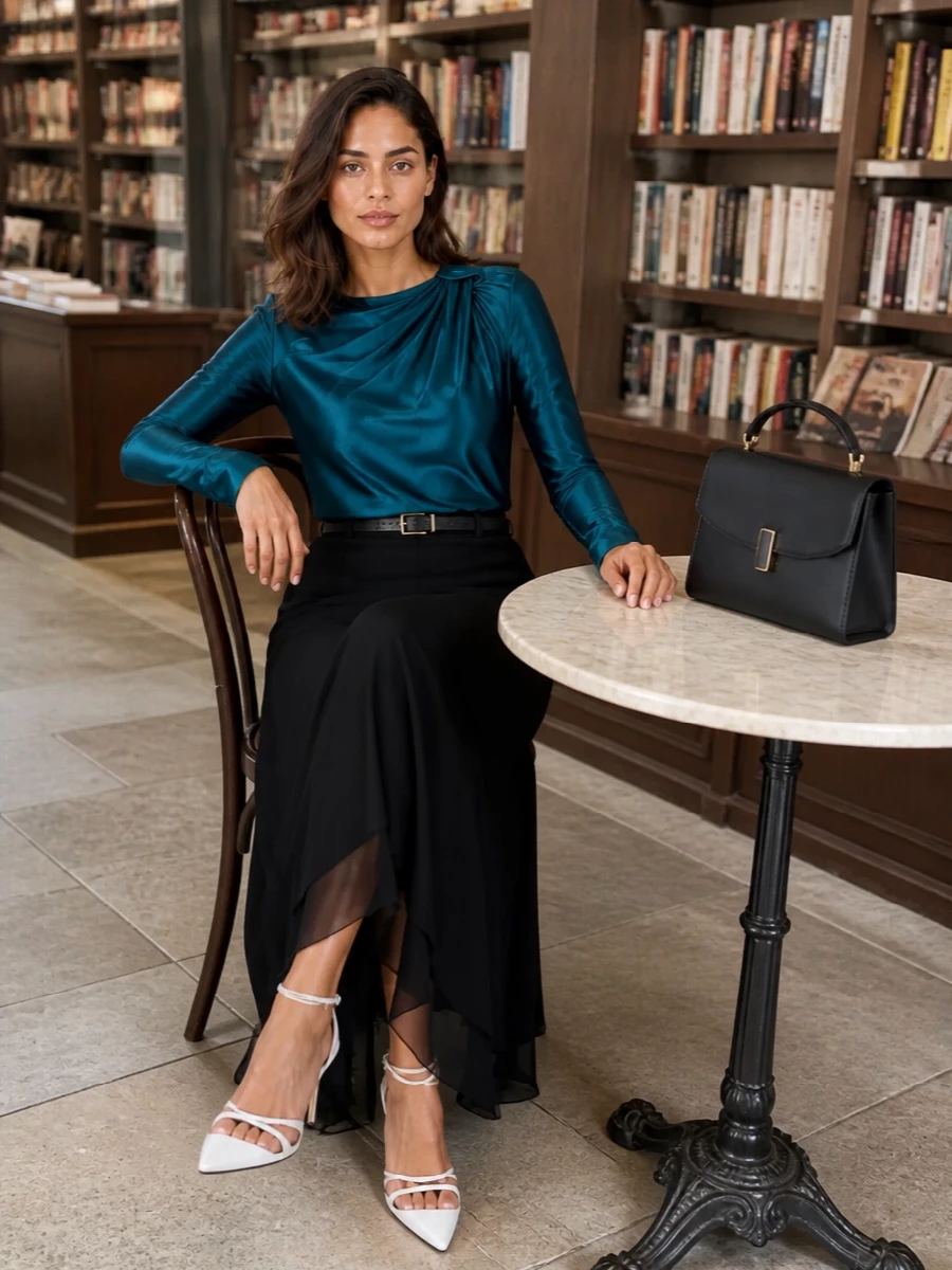 Victoria beckham black trousers teal satin top