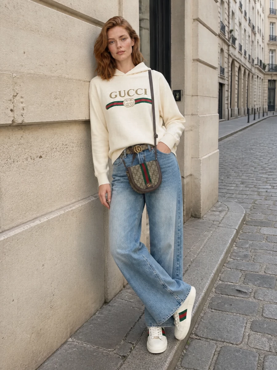 Gucci hoodie wide leg jeans sporty preppy outfit