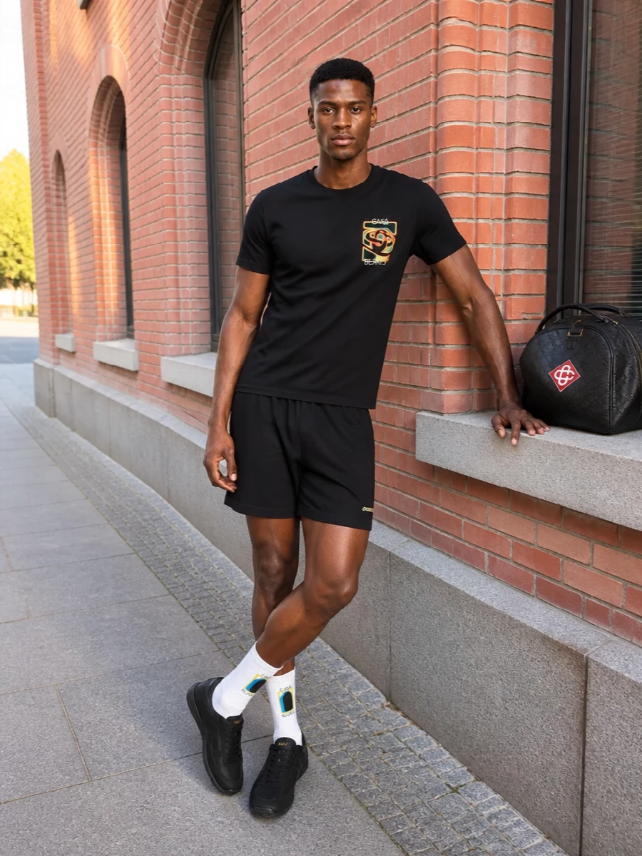 Casablanca black tee designer sneakers outfit