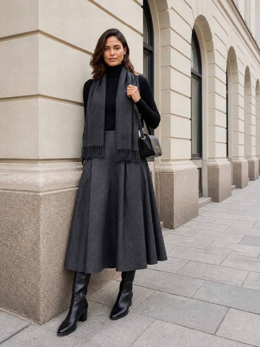 Ami paris charcoal maxi skirt black boots outfit