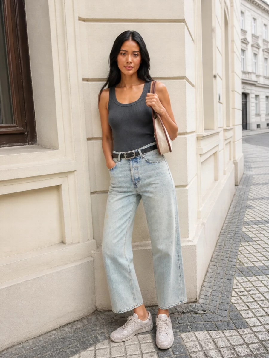 Haikure wide leg jeans ribbed tank acne sneakers