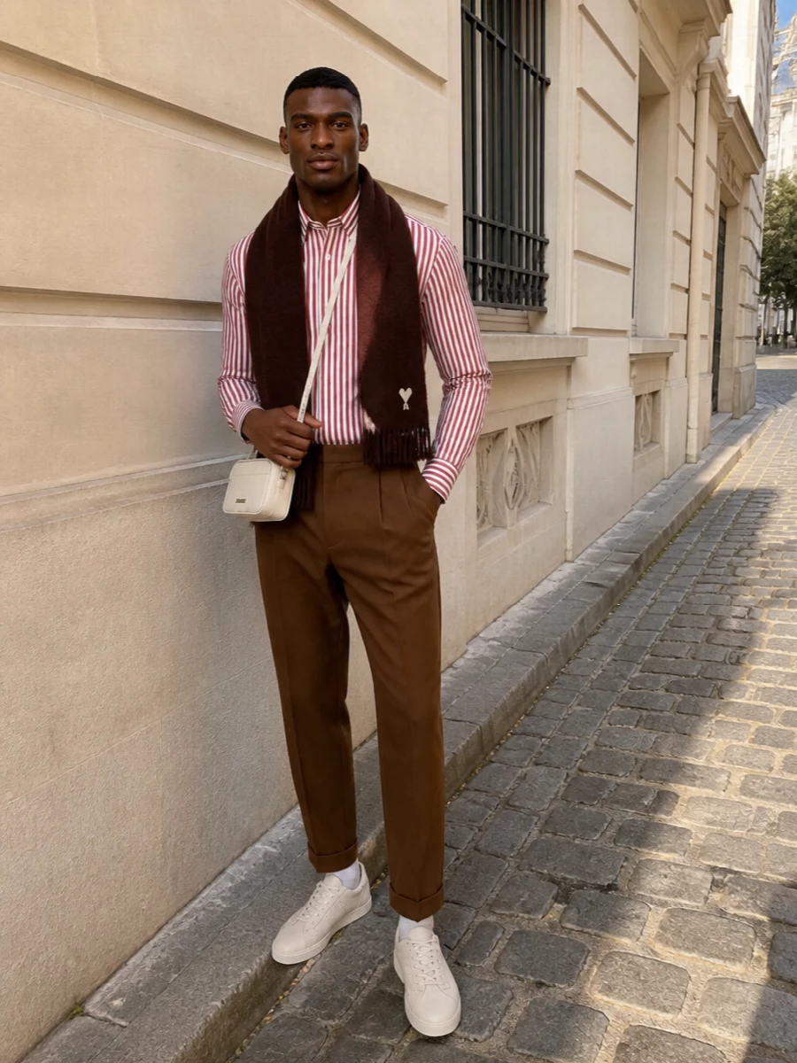 Ami paris striped shirt caramel trousers outfit