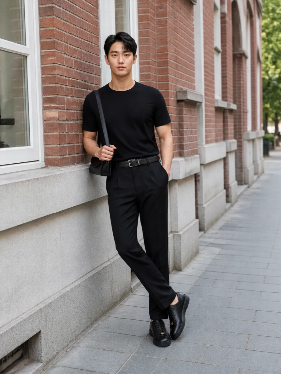 A pure black base lets the proportions speak, pairing a precise crew tee with straight-cut tailored trousers that skim the leg cleanly. Sleek black leather sneakers keep the mood relaxed but exacting, while a slim architectural shoulder bag and discreet belt finish the ensemble with calm, intentional polish. It is an easy city uniform for days that move from studio to dinner without a change.