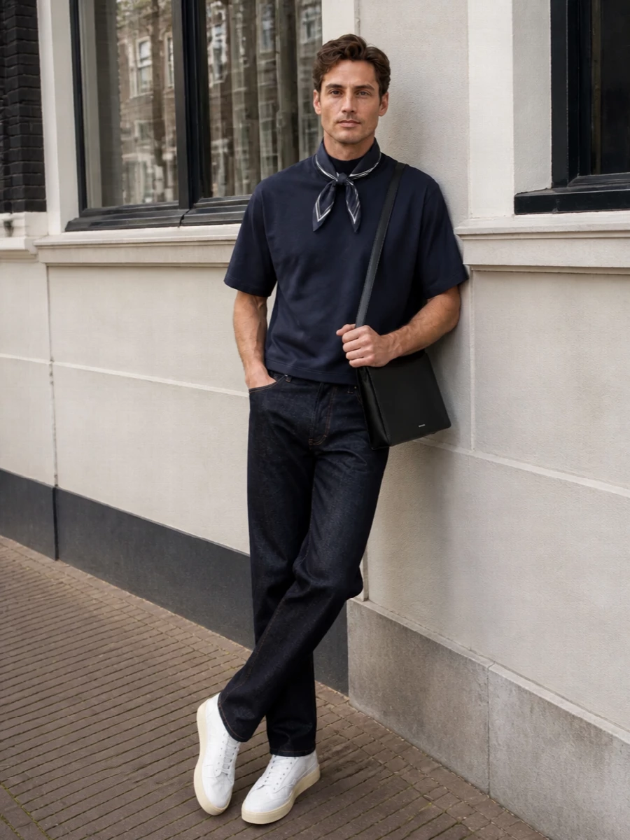 Ink navy on deep indigo sets a calm, graphic base, with the crisp white sneakers and subtle scarf detail keeping the palette sharp rather than heavy. The straight-leg denim respects the tee’s boxy volume, so the whole outfit reads precise, relaxed and quietly assured for warm-city days. A slim navy crossbody finishes it with just enough function while staying almost invisible against the silhouette.
