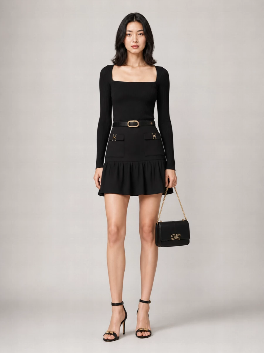 Elisabetta Franchi Ribbed Off Shoulder Long Sleeve Top