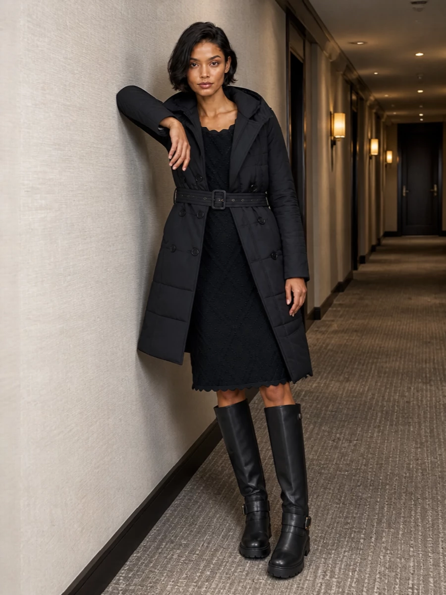 Burberry navy quilted coat black knit midi dress