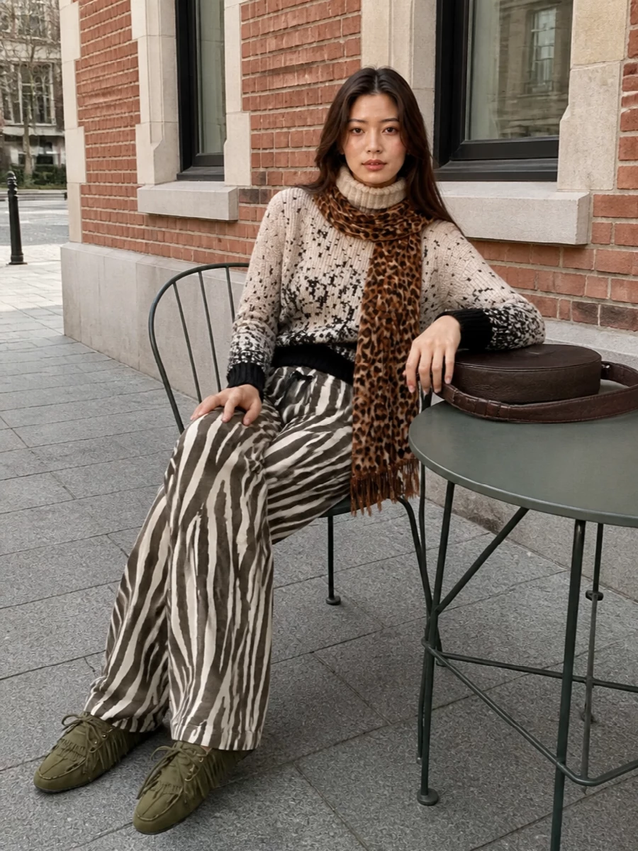 Alysi zebra pants etro bag moccasins outfit