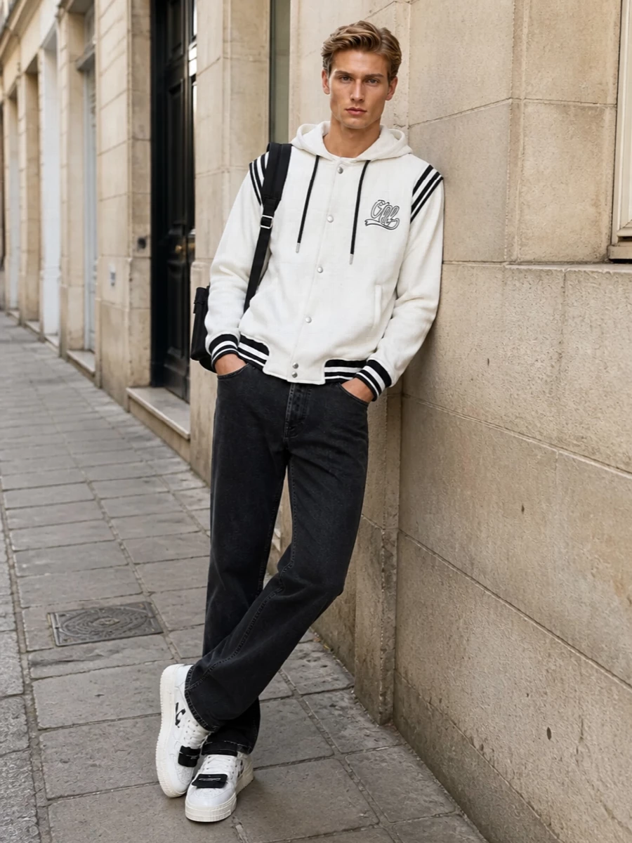 Off white varsity hoodie denim streetwear outfit