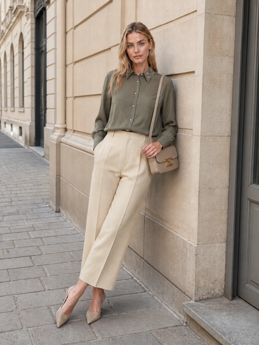 Brunello cucinelli shirt wide leg trousers outfit