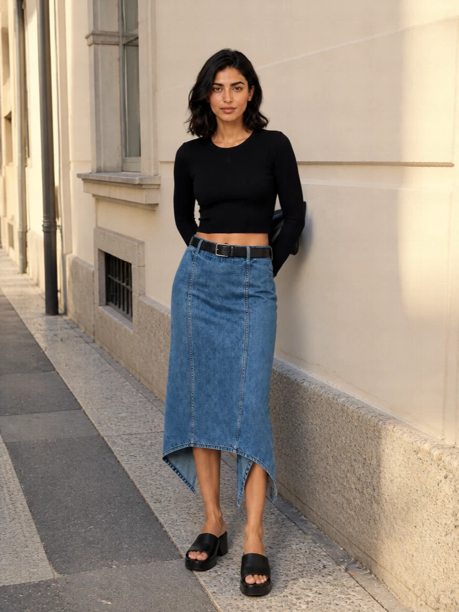 A cropped black ribbed knit meets a sharply asymmetric denim midi for a clean, body-conscious take on city dressing. Sculpted black slides and a twisted-handle bag keep the palette tight and graphic, while a slim black belt crisps up the waistline so the elongated hem feels intentional rather than heavy.