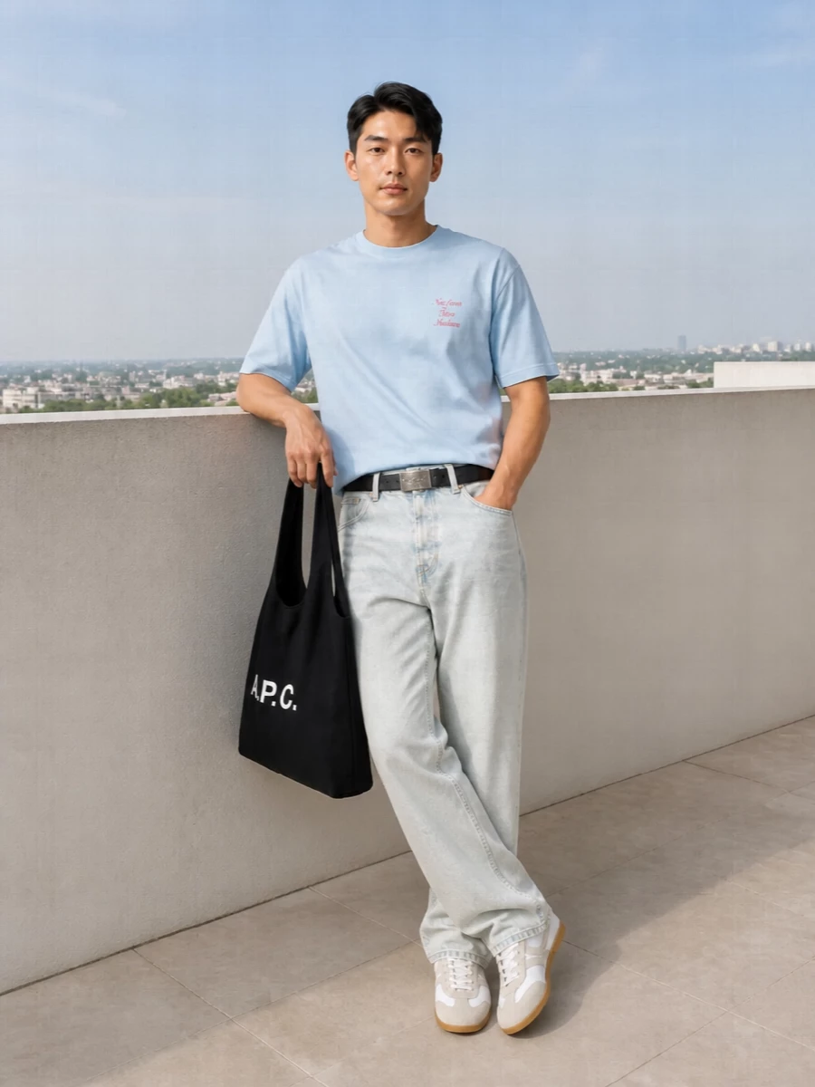 Drole de monsieur pale blue tee light wash jeans