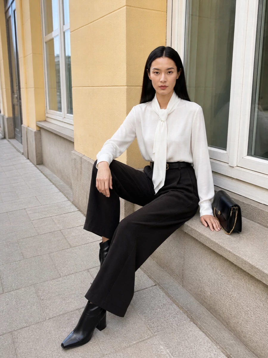 Alberta ferretti wide leg trousers white scarf shirt