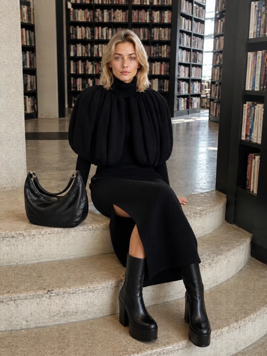 Rick owens black turtleneck dress cocoon jacket