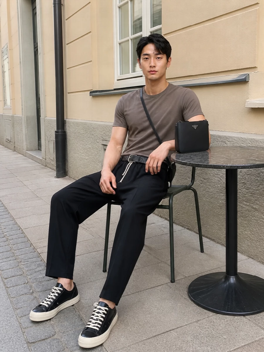 Rick owens taupe tee black drop crotch pants