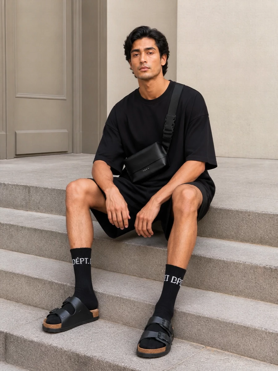 Entire Studios’ relaxed black bermudas meet an ultra-oversized black tee for a pure, roomy street silhouette that feels easy but intentional. Black Birkenstock slides and visible branded socks keep it grounded in casual comfort, while the slim Marni belt bag brings just enough refined structure and function without interrupting the monochrome flow.