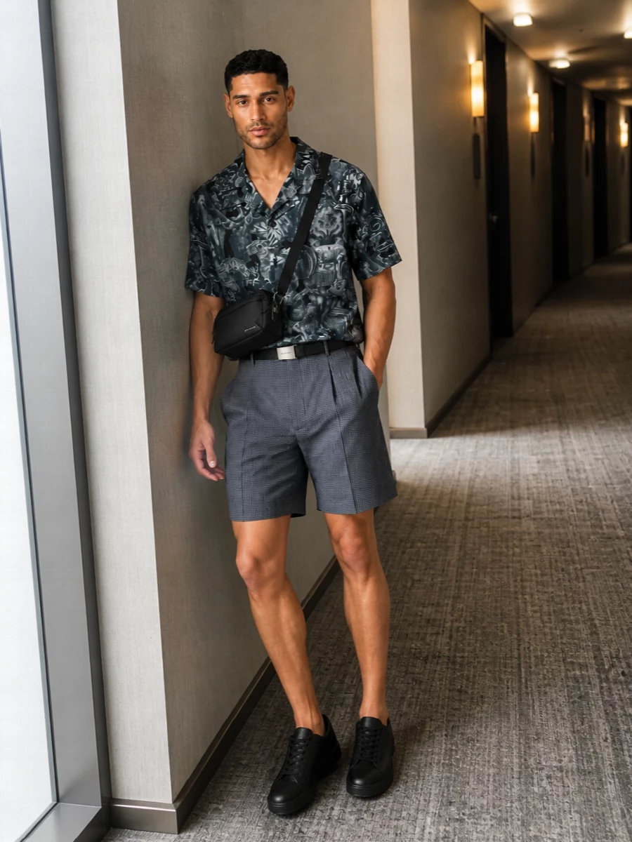 Givenchy camp collar shirt navy tailored shorts