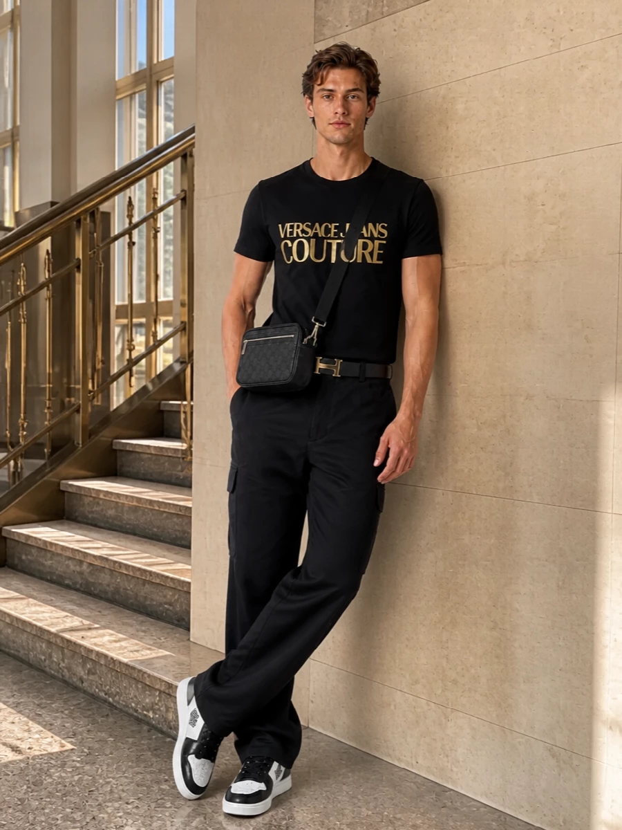 Versace black gold logo outfit cargo pants