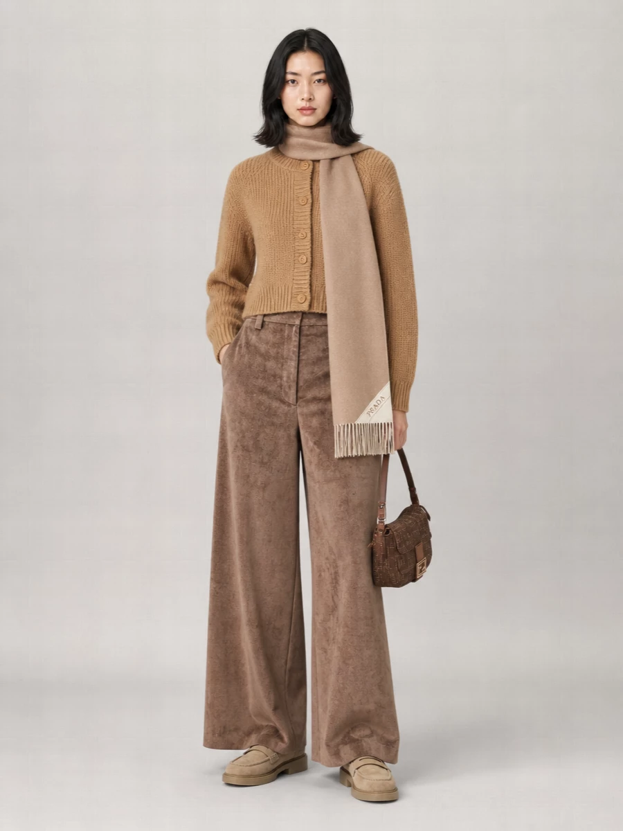 Caramel and camel sit tonally together here, with the cropped Forte Forte cardigan meeting Brunello Cucinelli’s high-waisted cord trouser for a long, relaxed line that still feels intentional. Gianvito Rossi’s shearling loafers keep things grounded and cocooned, while the Fendi baguette and a slim camel scarf introduce just enough structure and polish for quietly confident winter days. The result is warm, tactile and minimal, made for slow city mornings that might turn into early dinners.