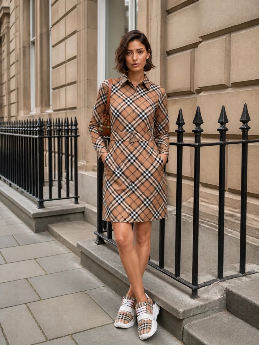 Burberry check shirt dress outfit sneakers