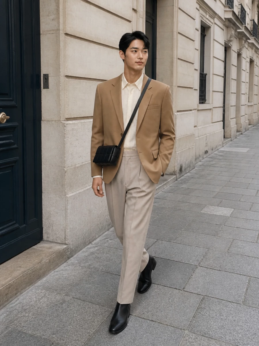 Saint laurent camel blazer outfit pleated trousers