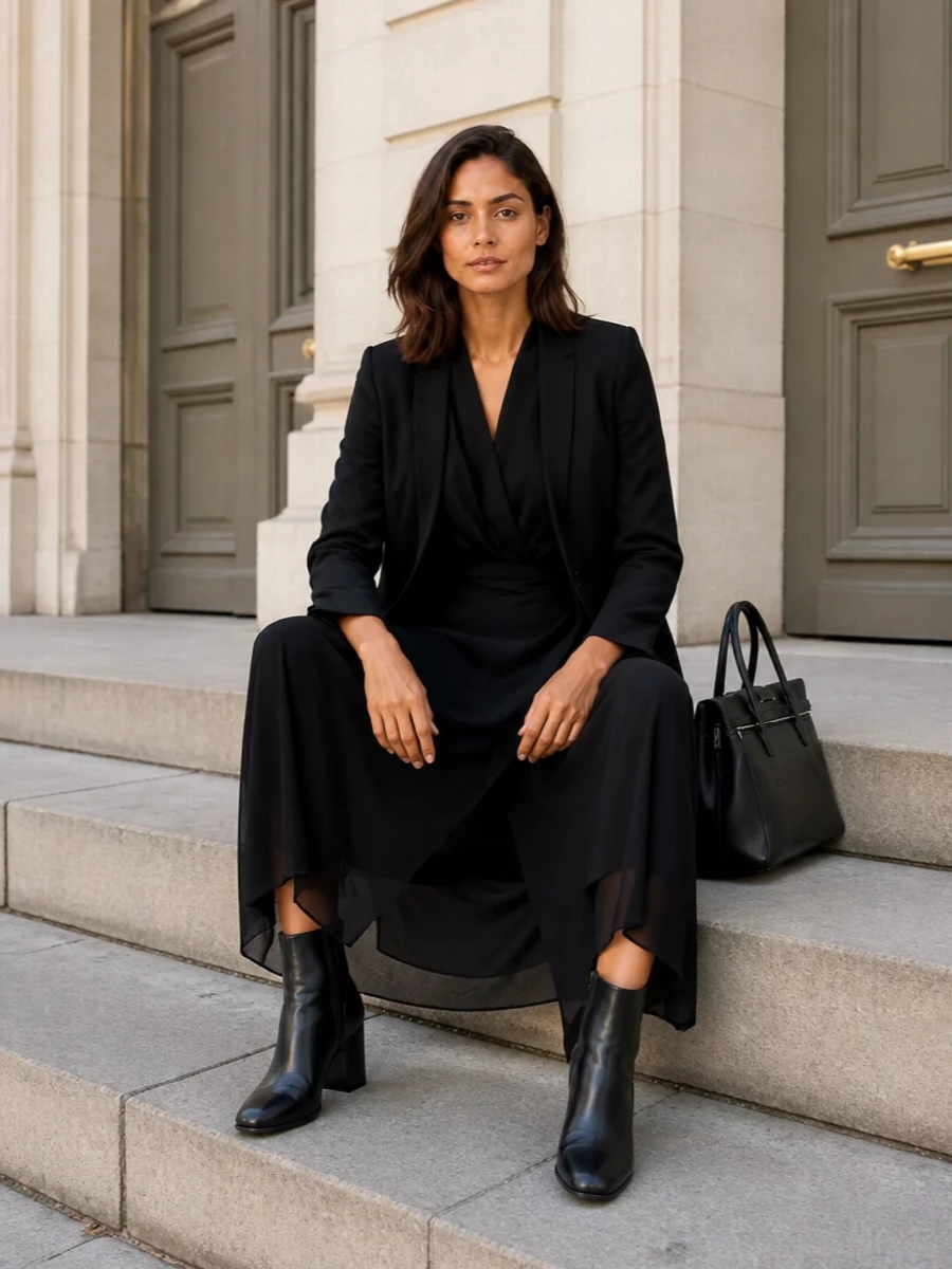 Maison margiela black blazer wrap dress outfit