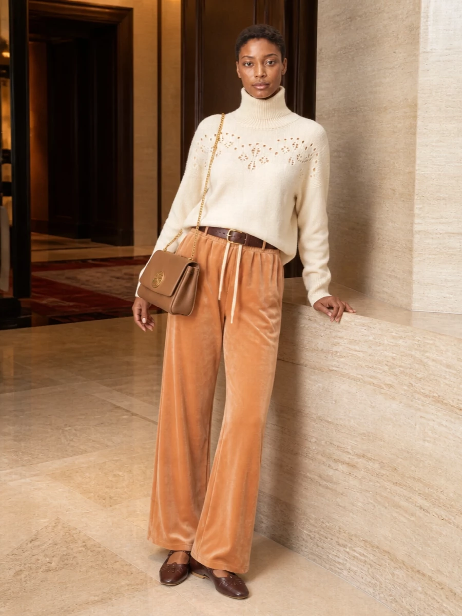 Chloe caramel velvet pants cream turtleneck outfit