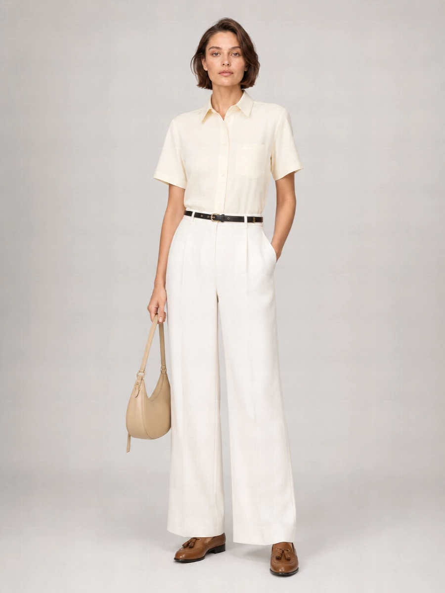 This outfit leans into the loafer’s quiet polish with a butter-cream short-sleeve shirt and high-waisted ivory wide-leg trousers, keeping everything tailored yet calm for warm days. The long, clean leg and low heel work together to elongate the silhouette without feeling formal. I chose the top-and-trouser route over a dress so the Ferragamo shirt could echo the shoes and the trouser’s structure could deliver that precise, city-ready proportion the shoe deserves.