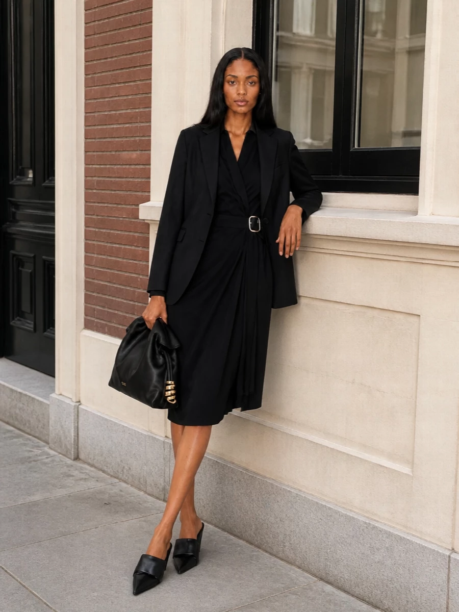 Loewe black blazer wrap dress outfit