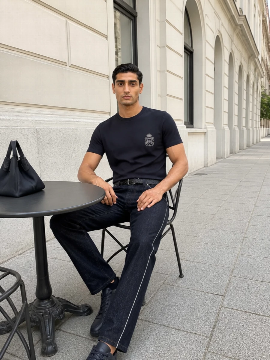 A deep navy crest tee meets structured ink denim and tonal sneakers for a clean, quietly assured off-duty uniform. The subtle white piping on the jeans echoes the chest crest, while the navy tote and braided belt keep everything streamlined for city days that still need polish.
