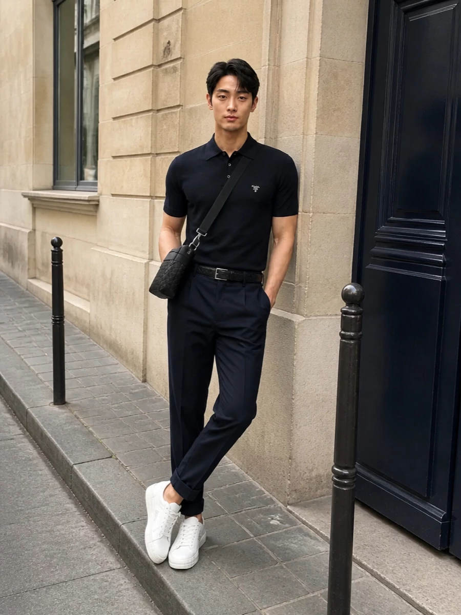 Bottega veneta mens knit polo pleated trousers outfit