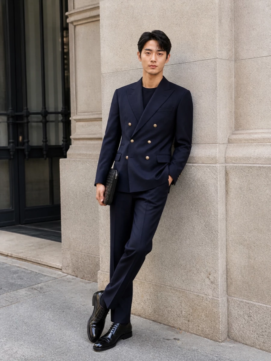 This look is a modern, navy-focused evening ensemble: a sharp double-breasted blazer in midnight wool paired with equally polished ink-navy tailored trousers to create a cohesive, almost suit-like column of colour. The mirror-finish black brogues and flat intrecciato clutch complete the outfit with discreet, architectural shine, ideal for formal dinners or city nights where quiet luxury and precision matter more than overt flash.