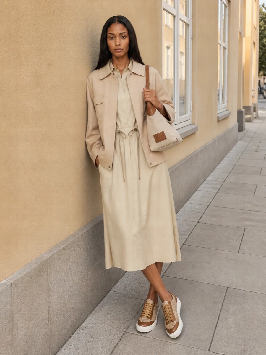 Max mara beige shirt dress outfit sneakers