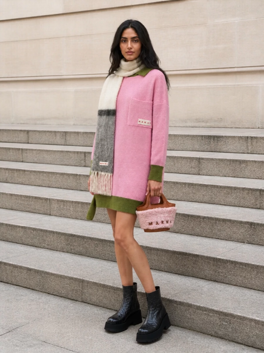 Marni pink sweater dress chunky boots outfit