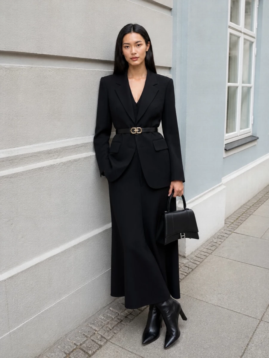 Balenciaga’s pant-skirt is paired with a razor-sharp longline blazer to create a continuous black column that feels disciplined, architectural and quietly dramatic. Sleek ankle boots and a structured top-handle keep the proportions long and controlled, while a slim BB belt nips the waist just enough for a precise, modern power-dinner ensemble. The result is head-to-toe black tailoring that reads confident and severe, without a single unnecessary detail.