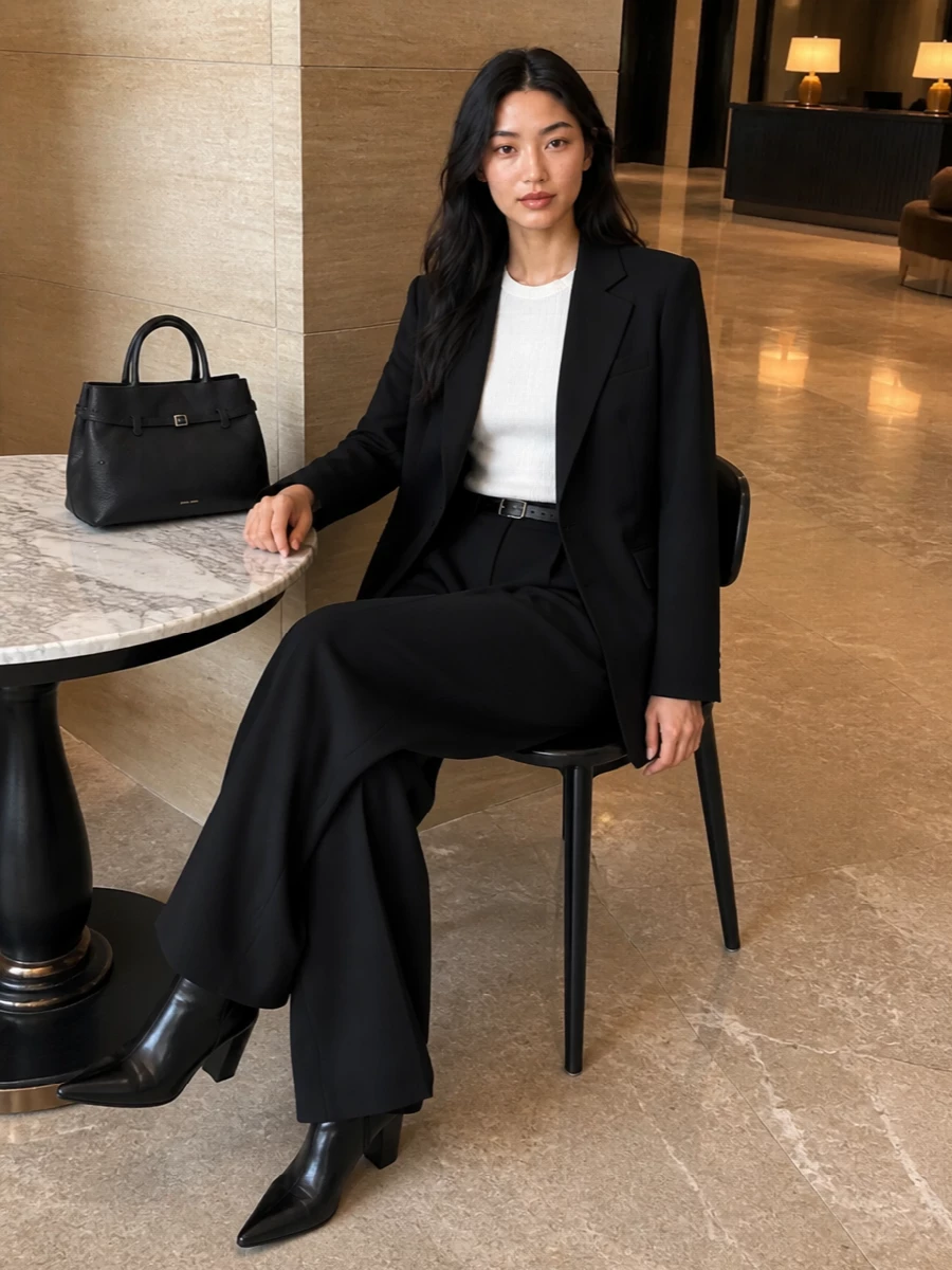 Sportmax black blazer wide leg trousers outfit