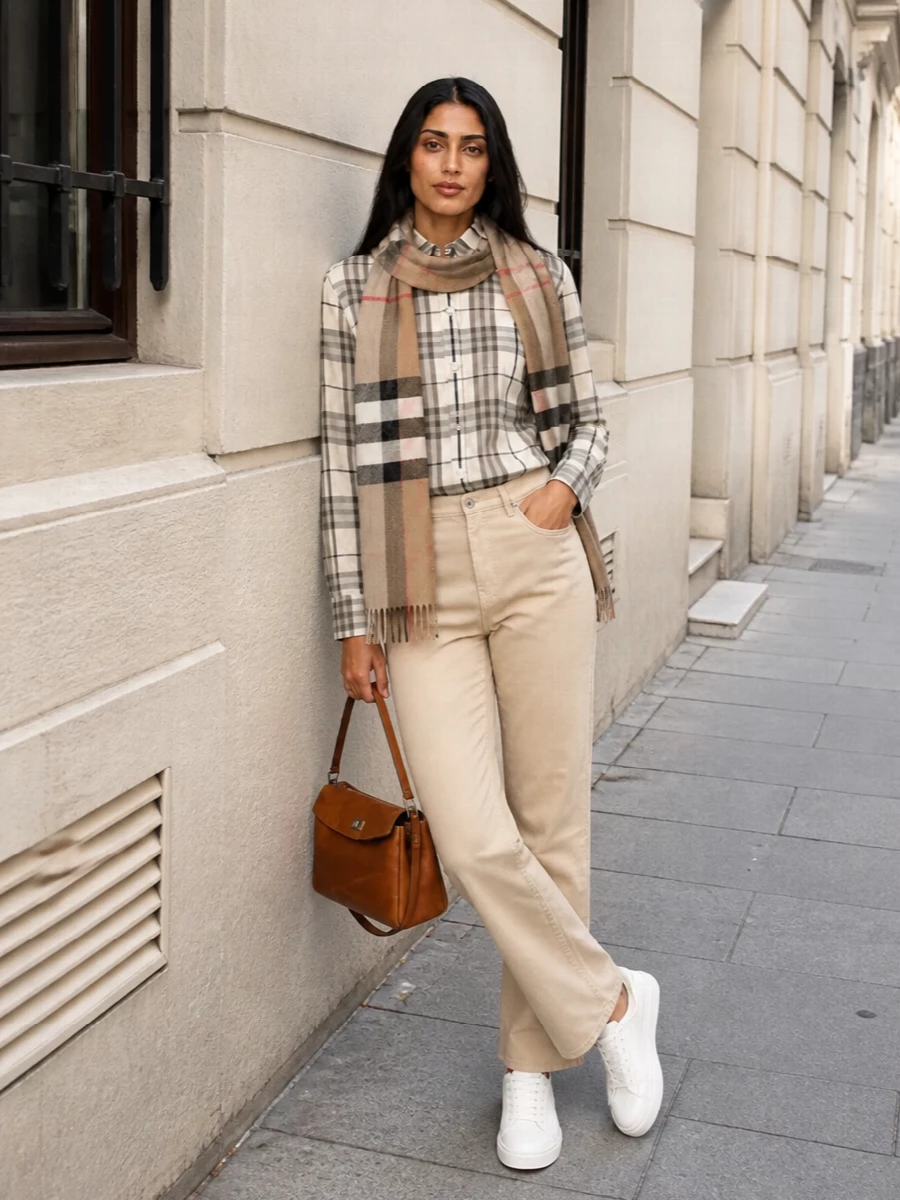 Burberry checked shirt beige trousers outfit