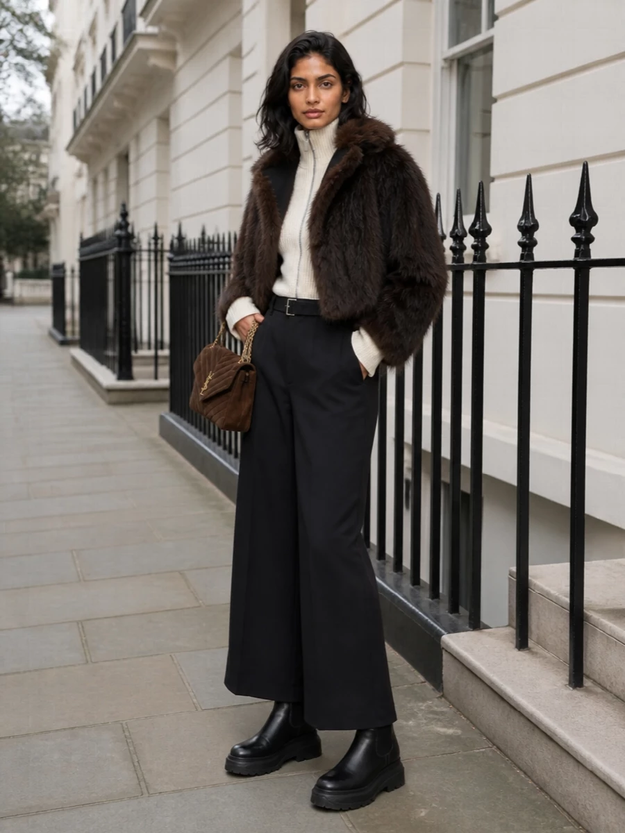 I’m building this around the coat as the statement outer layer, so a top and trouser route keeps it modern and wearable in a city setting, where a dress would compete with its volume. The cream Sacai knit and black column trouser create a sharp light–dark frame under the fur, while the platform Chelsea boots and chocolate Saint Laurent bag hold the line at a polished, directional streetwear tier. The result is a winter uniform that feels cocooning yet considered from gallery afternoons to late dinners.