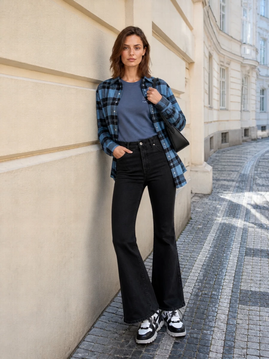 Off white plaid overshirt with flared jeans outfit