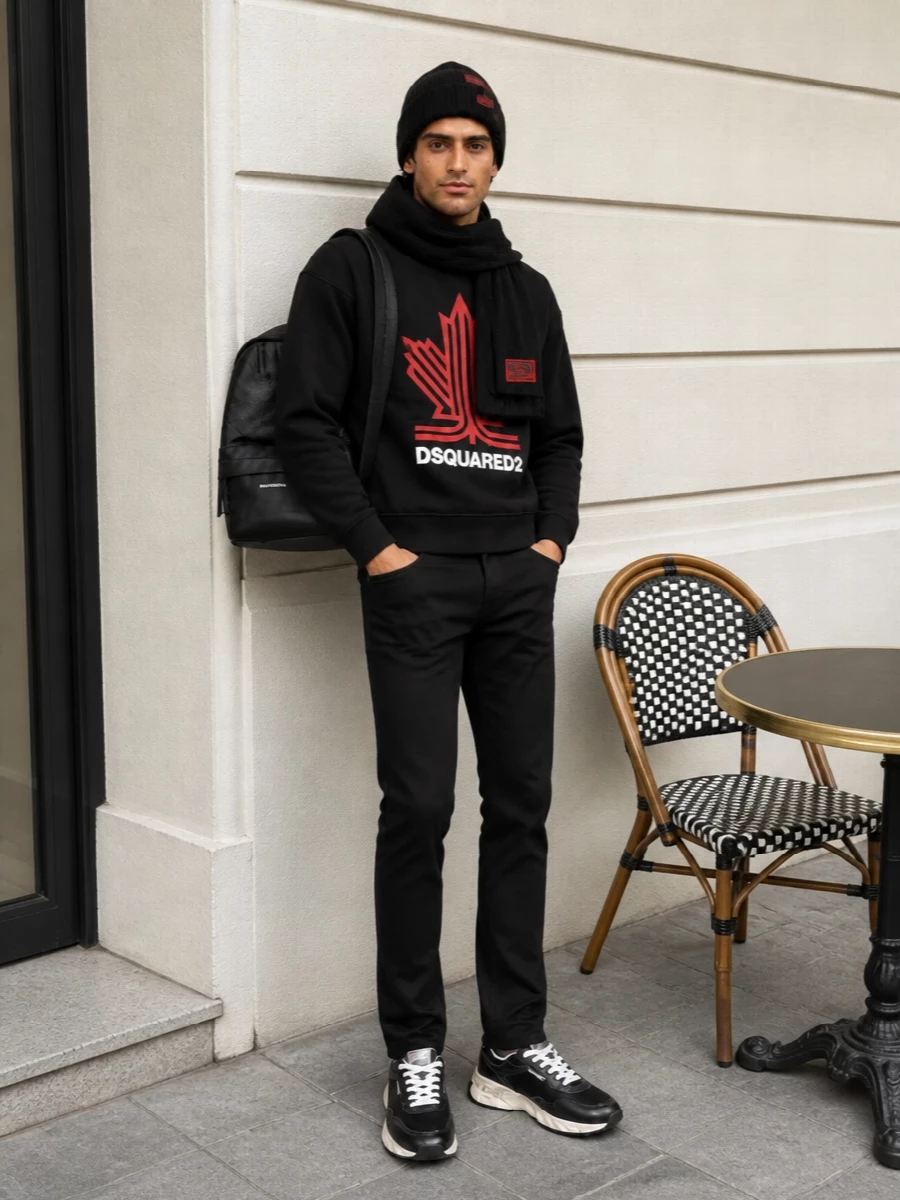Dsquared2 hoodie black jeans sneakers outfit