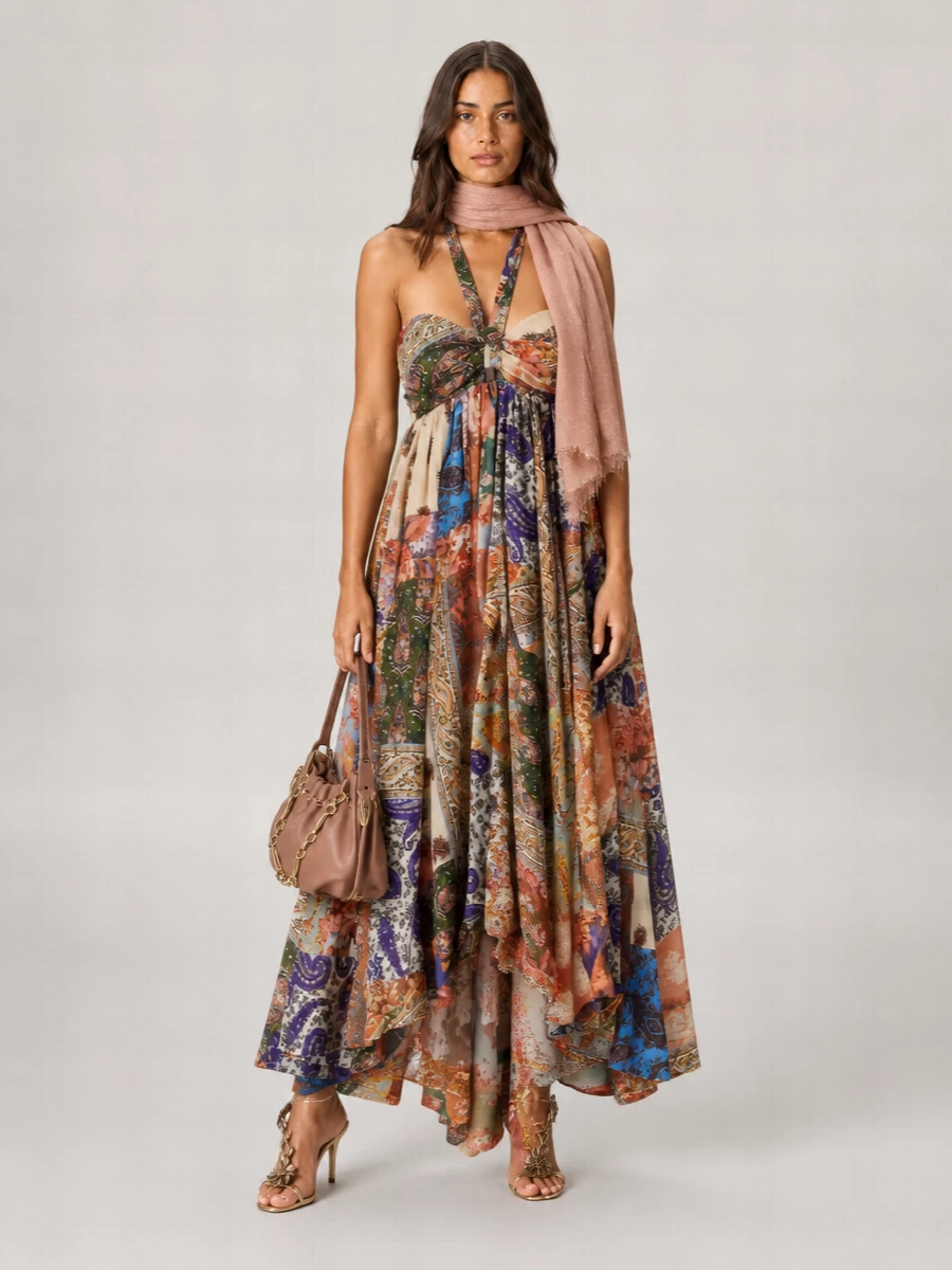 Zimmermann Devi Silk Print Pleated Floor-Length Dress