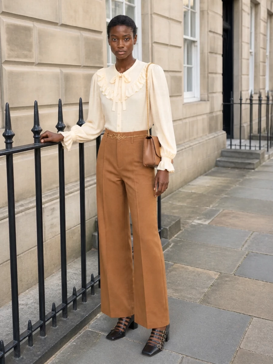 A buttercream bow blouse meets high-rise camel tailoring for a quietly romantic, boardroom-to-dinner combination. Sculpted black heels and a tonal camel shoulder bag sharpen the softness without breaking the warm neutral story. A delicate gold chain at the waist picks up the hardware and mirrors the blouse’s feminine detailing for a considered, polished finish.