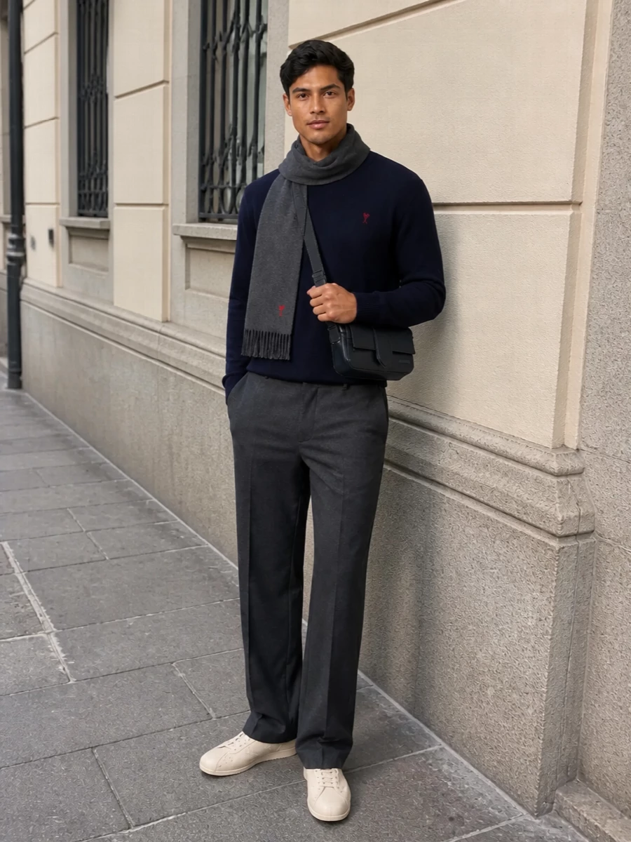 Ami navy sweater charcoal trousers outfit